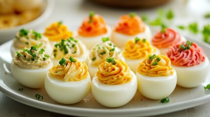 Colorful deviled eggs topped with different spices and herbs