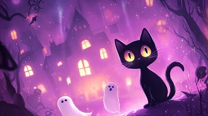 In a mystical landscape, a curious black cat with bright eyes watches two playful white ghosts under a starry sky. A ghostly castle is depicted in the background