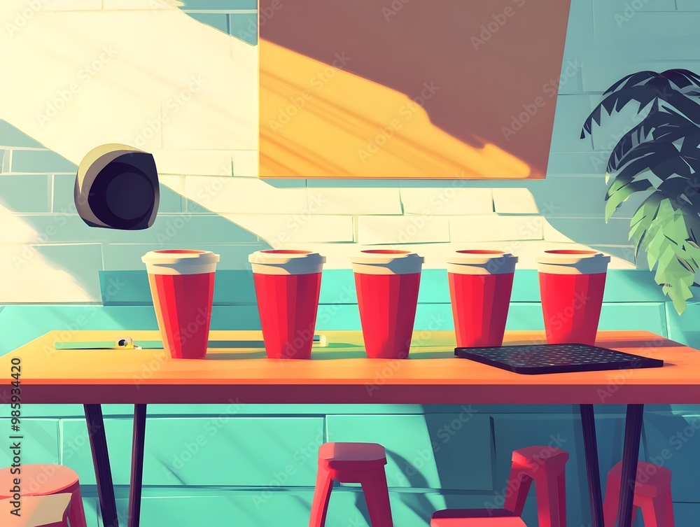 Poster 3d rendered flat design of a beer pong game setup with red plastic cups arranged on a wooden table c