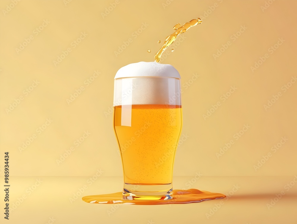 Poster 3d rendered flat design of pouring a refreshing beer into a pint glass with a foaming frothy head