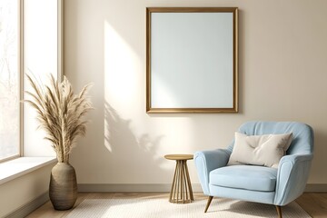 blank poster frame on the wall in an room with white walls and floor, next to it is a chair