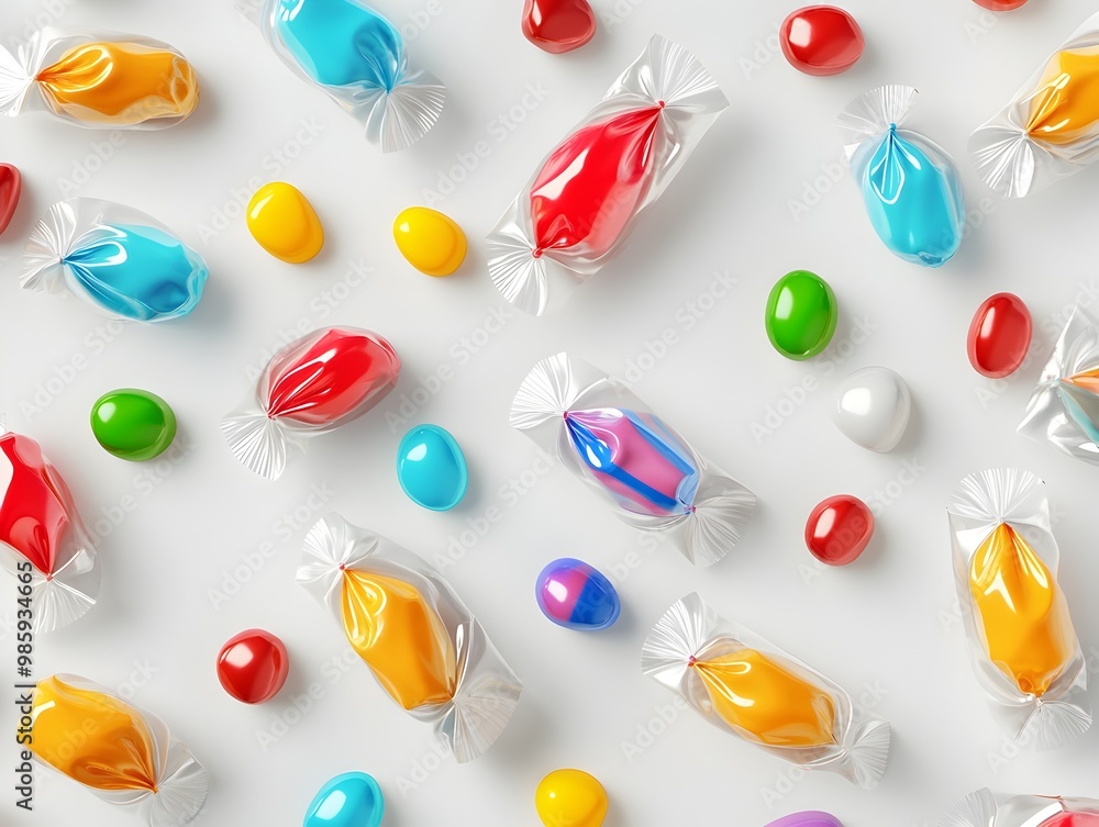 Poster 3d rendered image of colorful transparent candy wrappers with various sweets and confections inside 