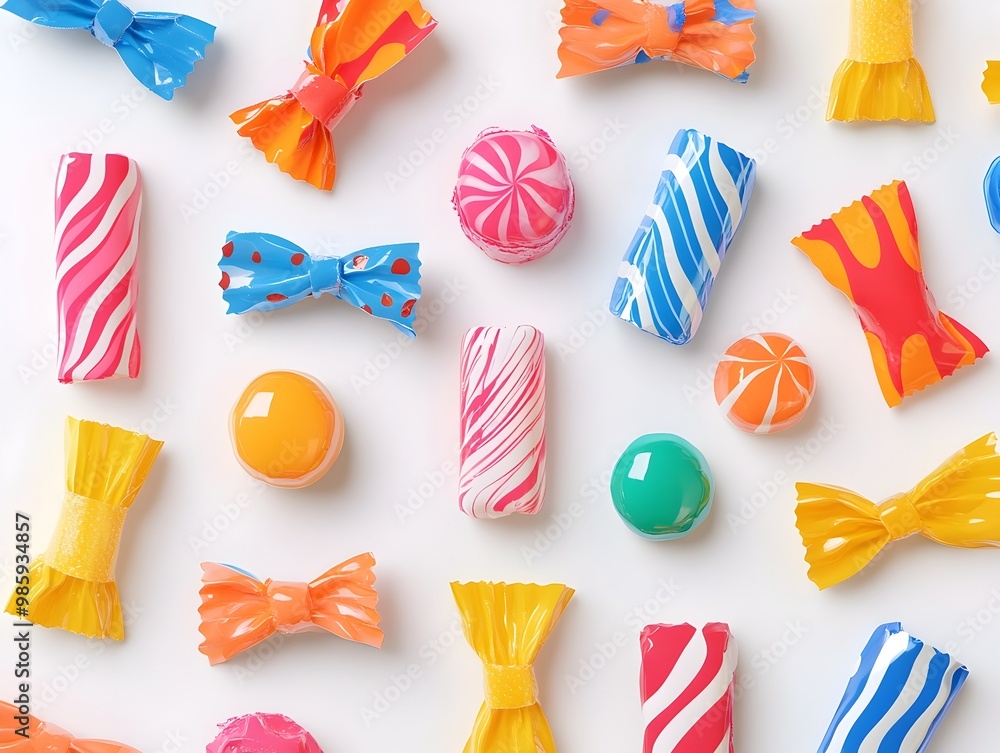 Poster 3d rendered of assorted colorful and vibrant candy wrappers displayed on a white background in a fla