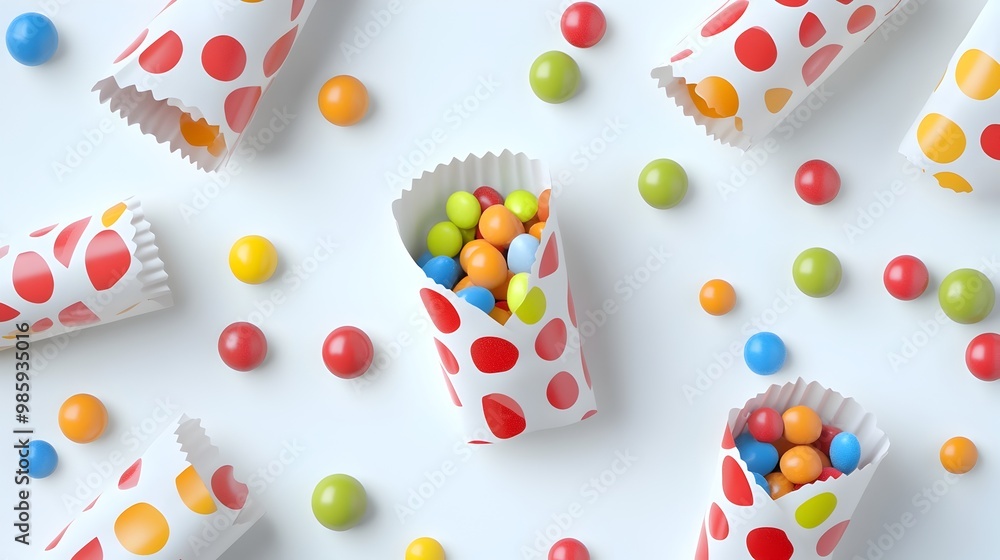 Poster 3d rendered open candy wrappers with assorted colorful candies spilling out on a clean white backgro