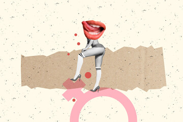 Creative collage picture young attractive sexy woman body legs fragment mouth glamour erotic...