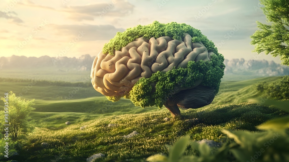 Poster a 3d depicting a human brain enveloped in a verdant array of foliage and set against a serene pastor