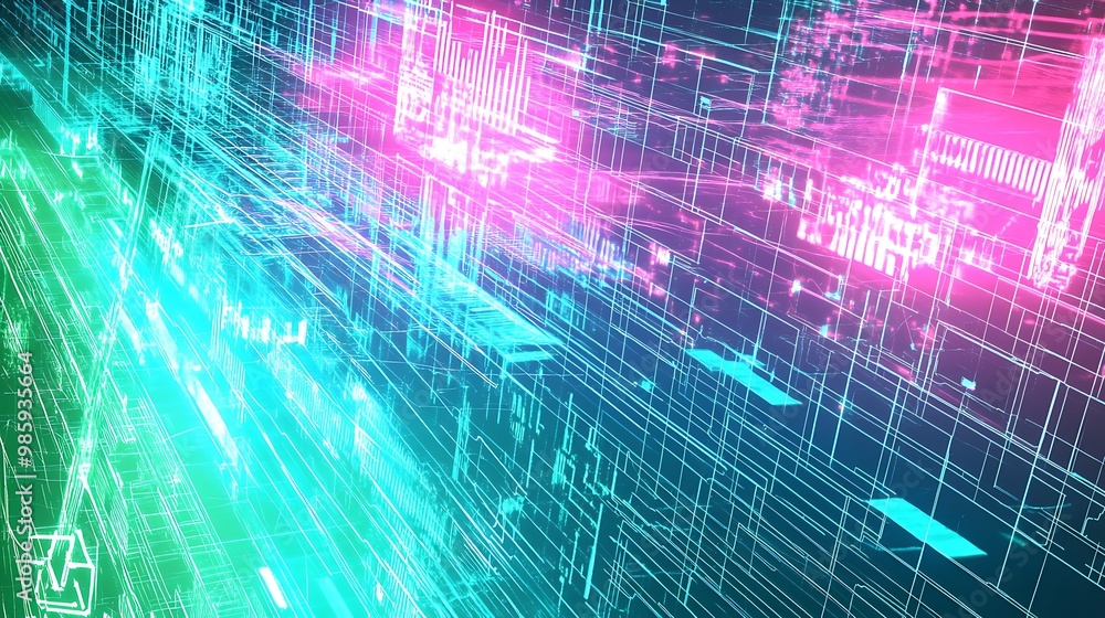 Aufkleber abstract digital network with glowing cyan and pink lines
