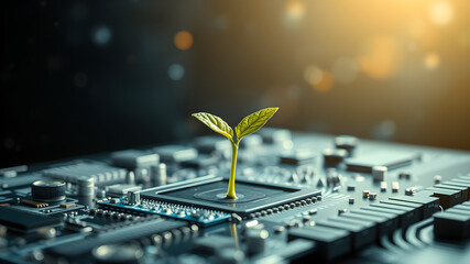 Close-Up of Young Green Seedling Emerging from Futuristic Circuit Board – Symbolizing the Harmony Between Nature and Technology