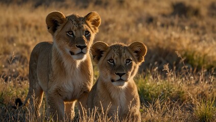 Curious lion cubs in golden savanna grass, with a hazy background.