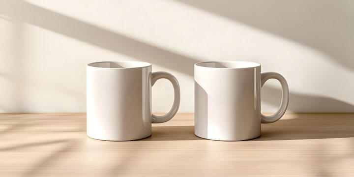 muck-up Two white mugs, sitting on the table, front view, close-up shot, product photography