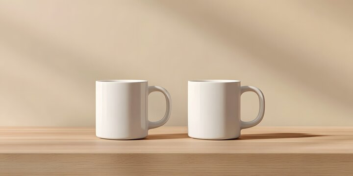 muck-up Two white mugs, sitting on the table, front view, close-up shot, product photography