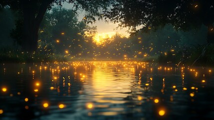 A serene river scene with fireflies glowing in the twilight.