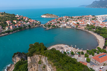 Fototapeta premium Beautiful cityscape on the mountains over Black-sea, Amasra. Amasra traditional Turkish architecture