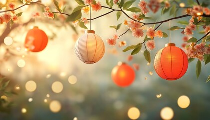 Fototapeta premium Japanese Paper Lanterns Hanging from a Branch with Soft Light