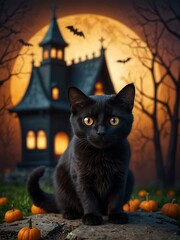 Cute black cat with big eyes in a Halloween town.