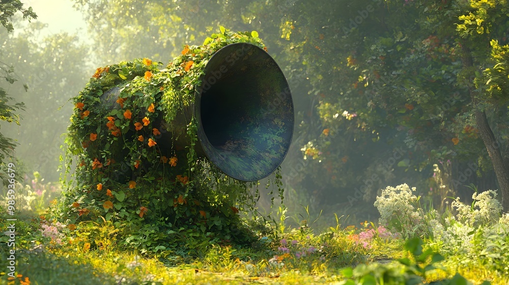 Poster a 3d depicts a megaphone enveloped in a verdant embrace of trailing vines cascading foliage and bloo
