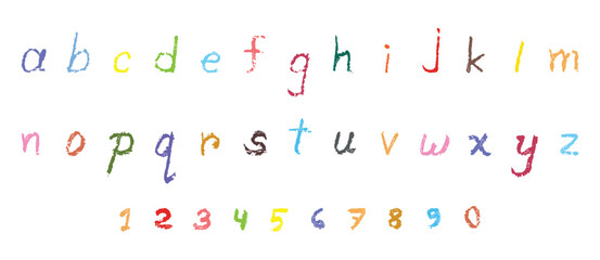 Hand-drawn colored crayons alphabet and numbers, letters alphabet scribbles wax crayons, Children drawling style.