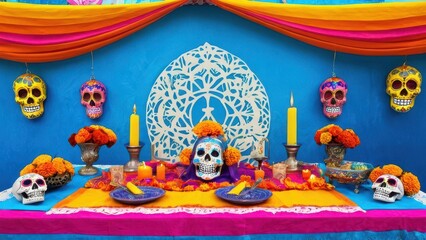 A Day of the Dead offering with sugar skulls, flowers, candles, and bright colored sand plates, representing the celebration of the departed