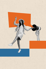 Creative abstract template collage of megaphone announcement speech bubble dancing girl weird freak...