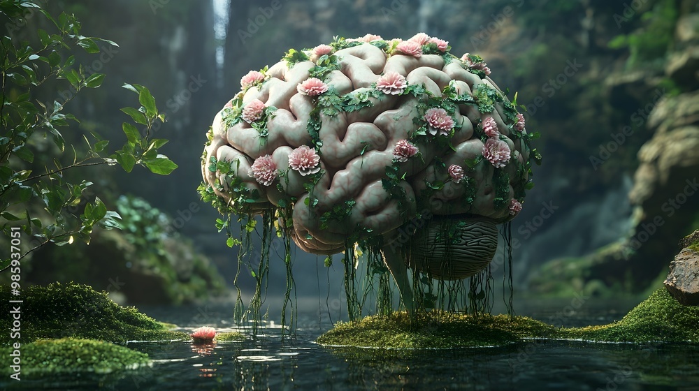 Poster a 3d digital depicting a human brain enveloped in a captivating overgrowth of cascading vines flower