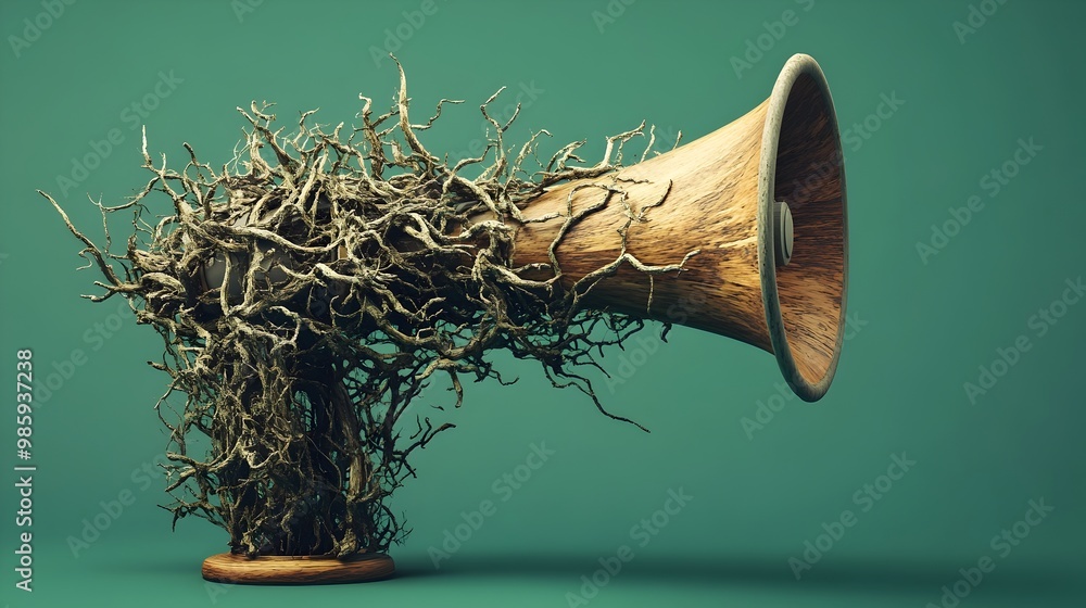 Poster a 3d digital depicting a megaphone covered in a textured arrangement of gnarly tree branches and bar