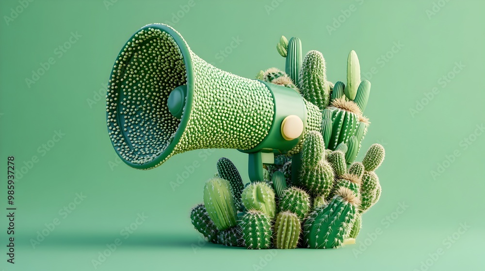 Poster a 3d digital depicting a megaphone covered in a vibrant array of prickly cactus and succulent plants