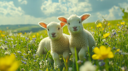 Fototapeta premium Two Adorable Lambs in a Sunny Meadow with Colorful Wildflowers Under a Clear Blue Sky
