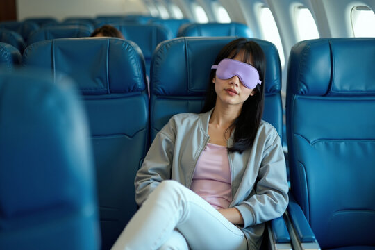 person sitting relax with blindfold and window plane in background, generative AI