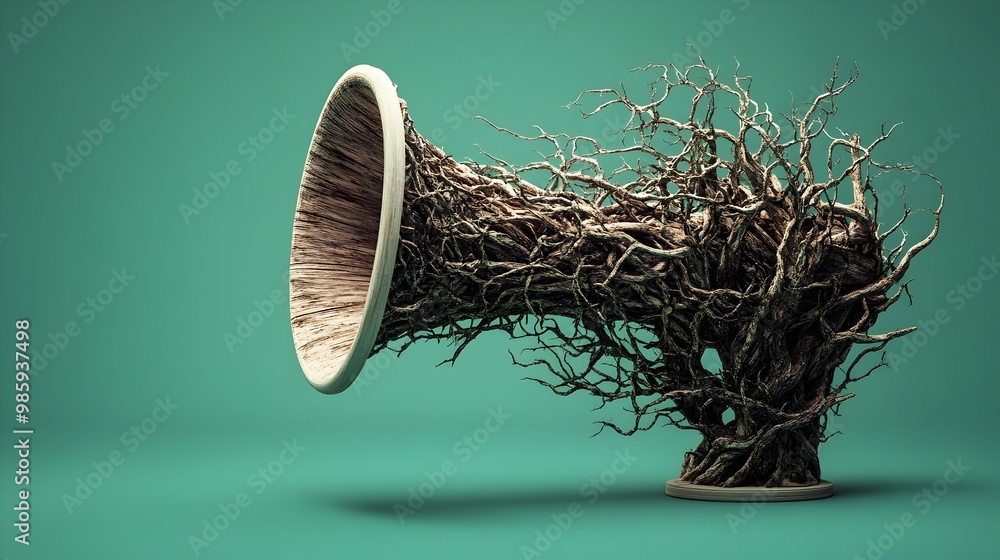 Poster a 3d digital depicting a megaphone device entirely covered in gnarly tree branches and bark set agai