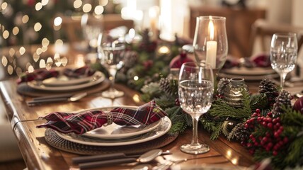 Festive Holiday Table Setting with Candles and Decorations