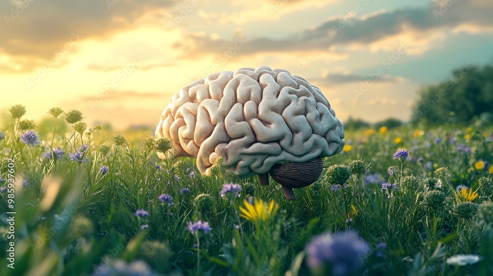 Poster a 3d digital depicting the human brain adorned with a lush array of budding and blooming plants set 