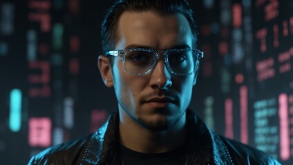 Cyberpunk portrait of a programmer with holographic code.