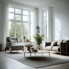 Modern minimalist Scandinavian-style living room with large windows filled with soft, natural light. Minimalist furniture, plants and neutral tones create a simple, calm and cozy atmosphere.
