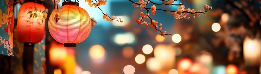 Obraz premium Japanese Red Lantern with Cherry Blossom and Bokeh Lights