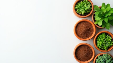 Succulent Plants in Terracotta Pots on White Background