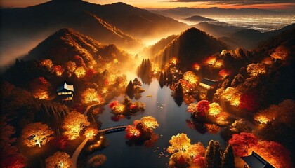 A Magical Autumn Illumination Captured from a Drone, Featuring Golden and Red Foliage Reflecting on Water in a Serene Mountain Landscape with Falling Leaves