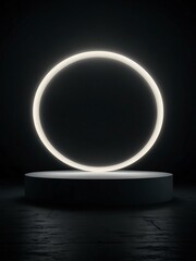 Dark stage with a glowing circle for product display.