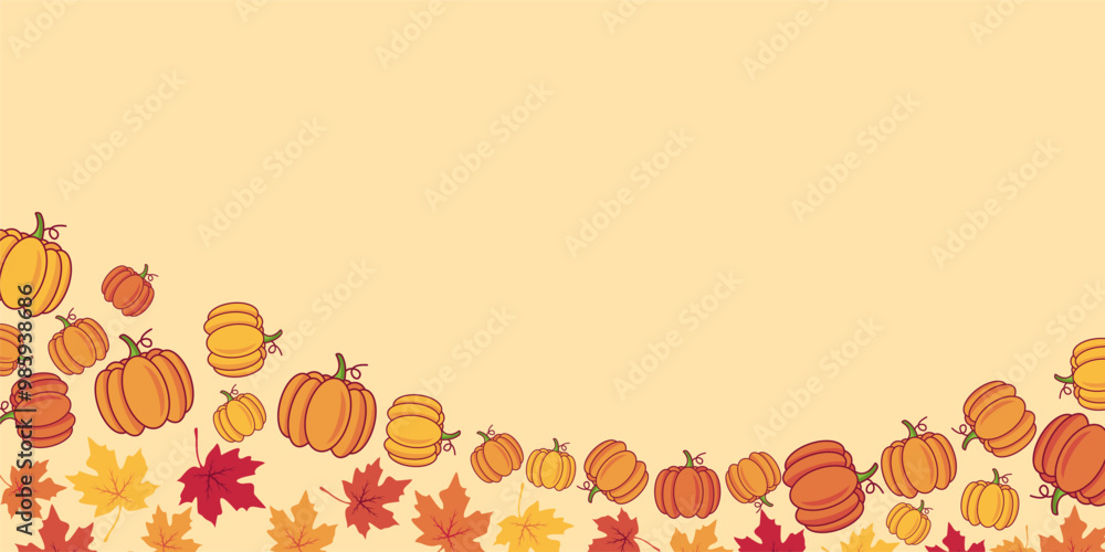 Poster autumn background with copy space area, design with pumpkin and maple leaf pattern. template for ban