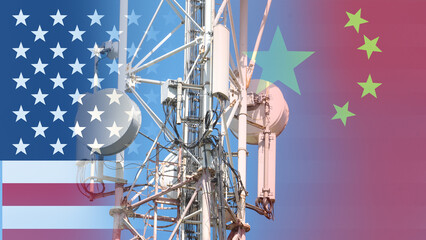 A cell phone tower is shown in the middle of a flag with the United States and China. The tower is...