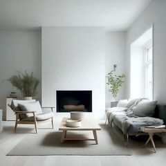 Fototapeta premium Modern minimalist Scandinavian-style living room with large windows filled with soft, natural light. Minimalist furniture, plants and neutral tones create a simple, calm and cozy atmosphere.