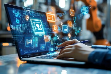 Person using a laptop with digital interface showing data and icons