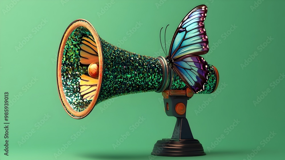 Aufkleber a 3d digital portrays a megaphone covered with shimmering iridescent butterfly wings against a vibra