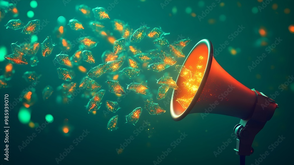Poster a 3d digital portrays a megaphone covered with glowing bioluminescent deep sea creatures against a v
