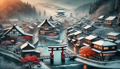 Obraz premium Ancient Japanese Town in Winter: Snow-Covered Rooftops of Wooden Temples and Houses, a Frozen River, and a Majestic Torii Gate, Bathed in Lantern Light with Mist Rising from Distant Mountains
