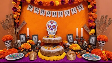 An ofrenda for Día de los Muertos with marigolds, sugar skulls, candles, and framed portraits, symbolizing the connection between the living and the departed