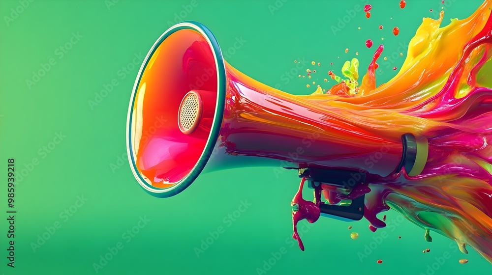 Aufkleber a 3d digital portrays a megaphone covered with vibrant neon colored liquid against a green backgroun