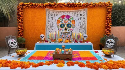 A vibrant "Día de los Muertos" altar adorned with marigolds, sugar skulls, candles, and traditional bread, honoring the deceased in a colorful Mexican tradition