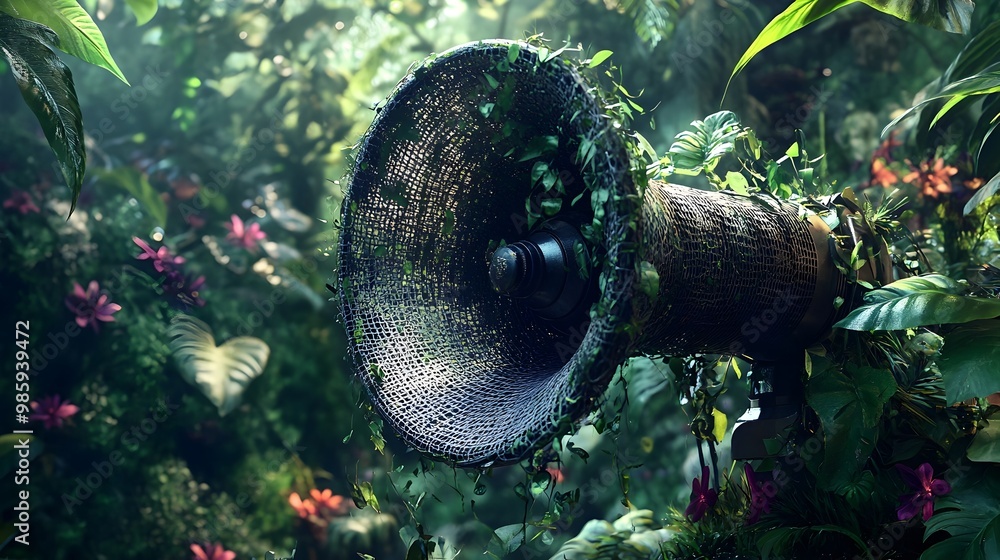 Aufkleber a 3d digital portrays a megaphone engulfed in an intricate web of vines and trailing passion flowers