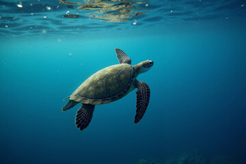 Obraz premium sea turtle in deep dark sea ocean, generative AI