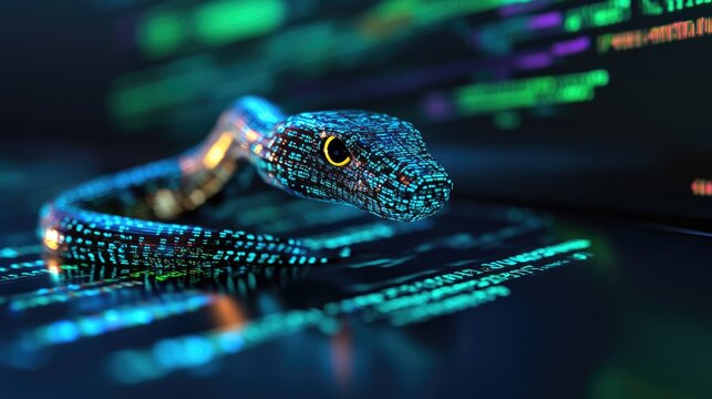 Python coding: A computer screen displaying Python code with a digital snake, symbolizing the use of Python for data engineering tasks.
